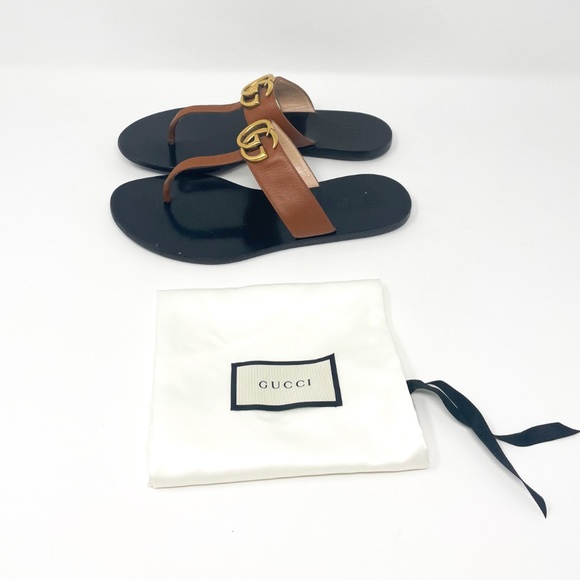 GUCCI Marmont Leather Thong Sandal with Double G EU 36.5 Brown - Picture 3 of 8